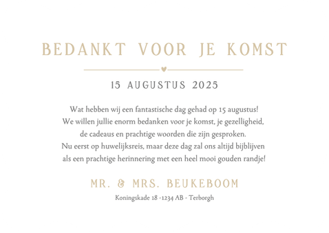 Liggende bedankkaart trouwen met eigen foto en golf rand Achterkant