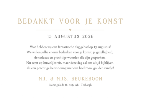 Liggende bedankkaart trouwen met eigen foto en golf rand Achterkant