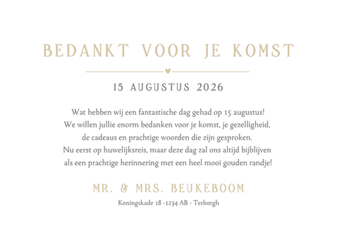 Liggende bedankkaart trouwen met eigen foto en golf rand Achterkant