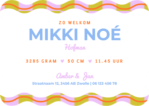 Minimalistisch geboortekaartje unisex met blokjes en wave Achterkant