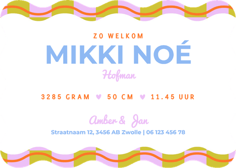 Minimalistisch geboortekaartje unisex met blokjes en wave Achterkant