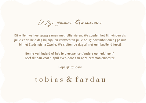 Minimalistische trouwkaart beige bruin wij gaan trouwen golf Achterkant