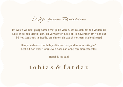 Minimalistische trouwkaart beige bruin wij gaan trouwen golf Achterkant