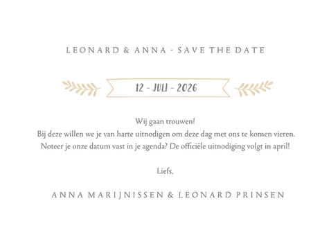 Moderne Save the Date kaart met eigen foto en golfrand Achterkant