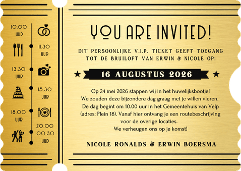 Originele uitnodiging bruiloft in stijlvol VIP-ticket vorm  Achterkant