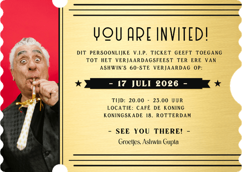 Originele uitnodiging verjaardag in ticket vorm met golfrand Achterkant