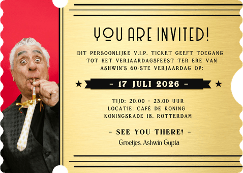 Originele uitnodiging verjaardag in ticket vorm met golfrand Achterkant