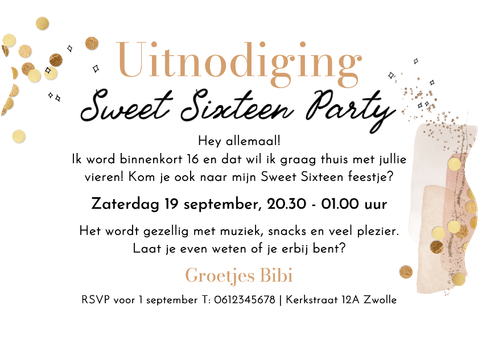 Originele uitnodigingskaart sweet16 foto cijferballon goud  Achterkant