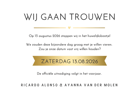 Save the Date kaart ticket met grote foto en namen Achterkant