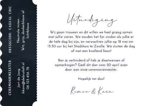 Stijlvolle trouwuitnodiging ticket donkerblauw hartjes Achterkant