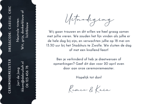 Stijlvolle trouwuitnodiging ticket donkerblauw hartjes Achterkant