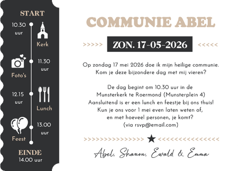 Stoere uitnodiging communie ticket vorm met kraft Achterkant
