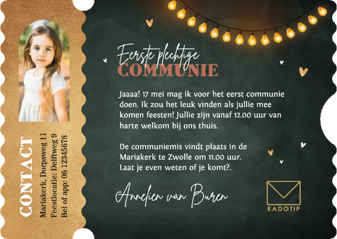 Ticket communie wegwijzers hartjes krijtbord goud Achterkant