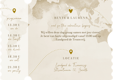 Ticket trouwkaart waterverf wereld goudfolie vliegtuig Achterkant