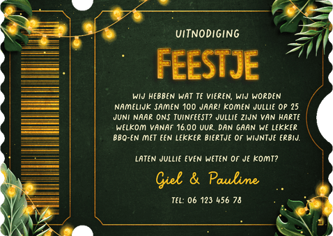 Ticket uitnodiging feestje botanisch met foto's en lampjes Achterkant