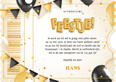 Ticket uitnodiging feestje met ballonnen en confetti Achterkant