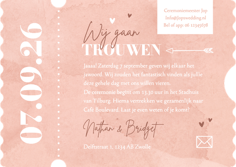 Ticketkaart bruiloft trouwkaart waterverf roze hip Achterkant