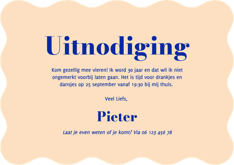 Trendy blauwe uitnodiging feestje met golvende rand Achterkant