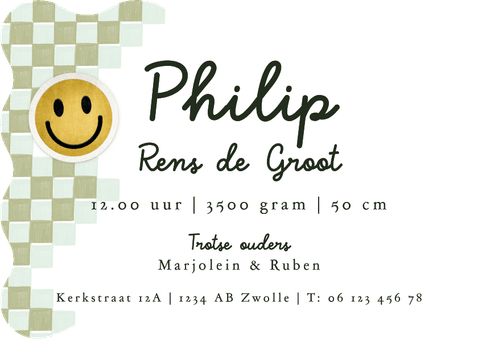 Trendy geboortekaartje blokpatroon groen smiley patch Achterkant