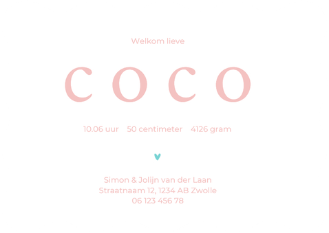 Trendy geboortekaartje turquoise roze overgang golf vorm Achterkant