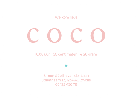Trendy geboortekaartje turquoise roze overgang golf vorm Achterkant