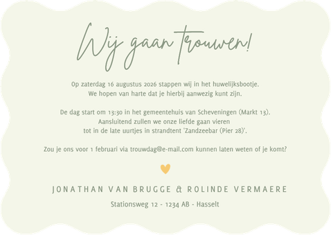 Trouwkaart hip met golvende rand - olijfgroen met namen Achterkant