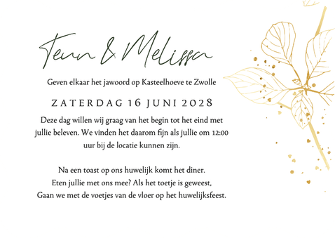 Trouwkaart lijnillustratie botanische blad goud wave Achterkant