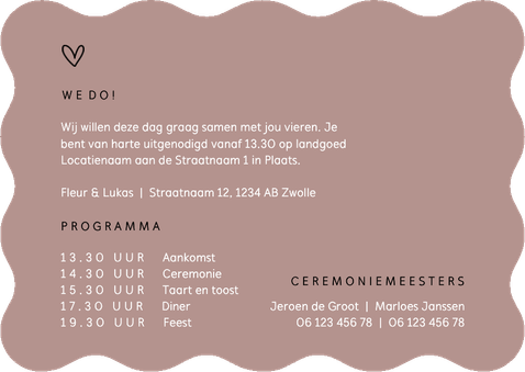 Trouwkaart met golvende rand we do met hartje Achterkant