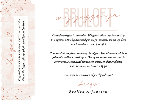 Trouwkaart ticket met roze marmer en hartjes Achterkant