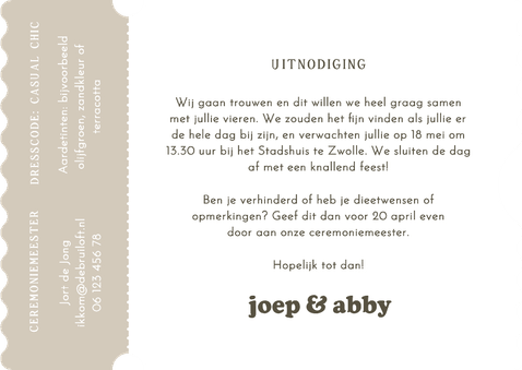 Trouwkaart uitnodiging ticket minimalistisch beige Achterkant