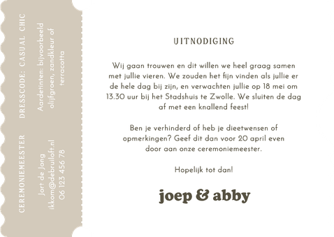 Trouwkaart uitnodiging ticket minimalistisch beige Achterkant