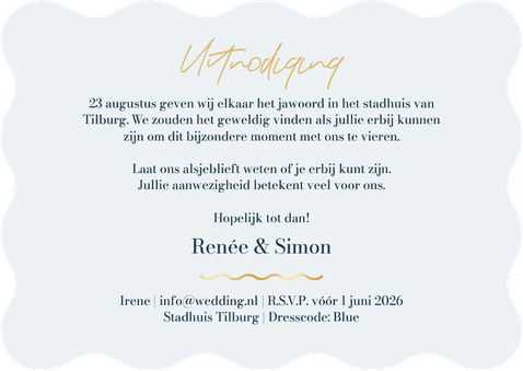 Trouwkaart wave vorm kaart donkerblauw stijlvol blauw goud Achterkant