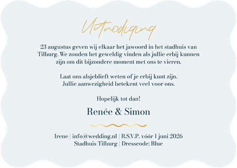 Trouwkaart wave vorm kaart donkerblauw stijlvol blauw goud Achterkant