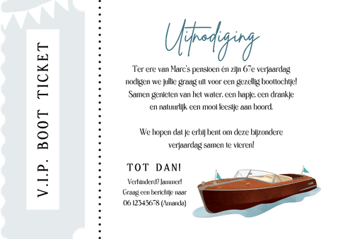 Uitnodiging boot ticket dagje varen verjaardag feestje water Achterkant