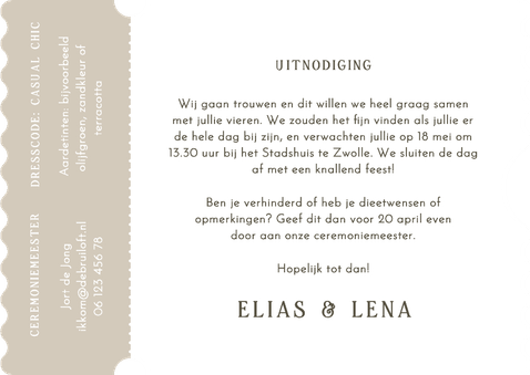 Uitnodiging bruiloft ticketvorm met grote foto en namen Achterkant