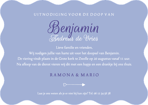 Uitnodiging doop golvend foto & initaal blauw Achterkant