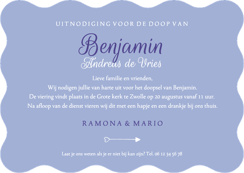 Uitnodiging doop golvend foto & initaal blauw Achterkant