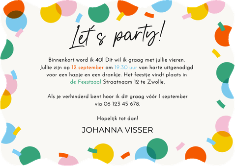 Uitnodiging golfvorm met gekleurde confetti let's party Achterkant