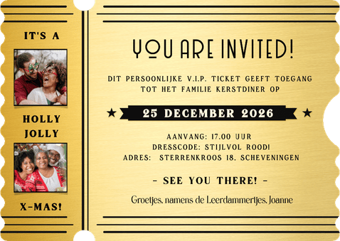 Uitnodiging kerstdiner in VIP ticket vorm zwart met goud Achterkant