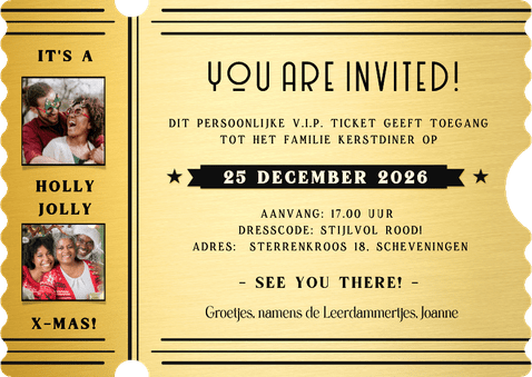 Uitnodiging kerstdiner in VIP ticket vorm zwart met goud Achterkant