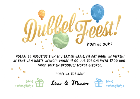 Uitnodiging kinderfeestje dubbel feest ballonnen confetti Achterkant