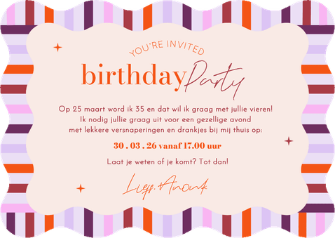 Uitnodiging kleurrijke rand in wave vorm verjaardag Achterkant