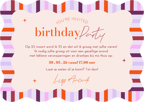 Uitnodiging kleurrijke rand in wave vorm verjaardag Achterkant