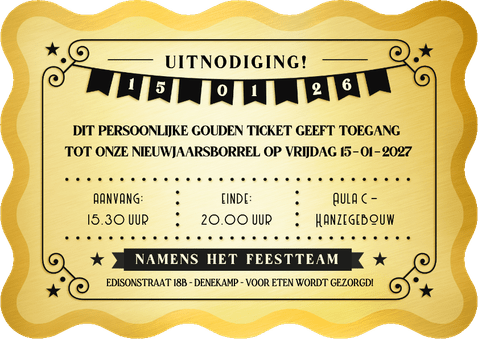 Uitnodiging nieuwjaarsborrel gouden ticket golvend Achterkant