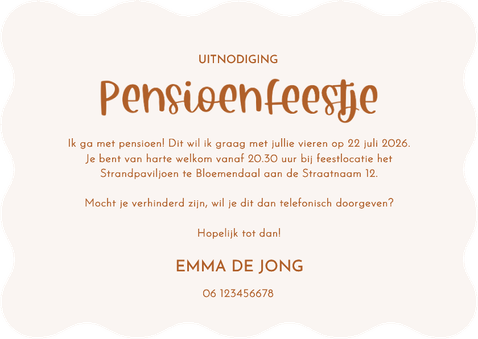 Uitnodiging pensioen met beige streepjes golfvorm Achterkant