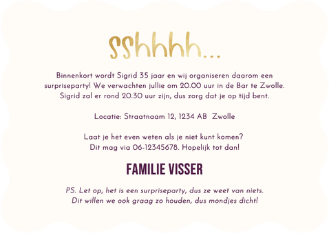Uitnodiging surpriseparty paars gestreept golfvorm goudlook Achterkant