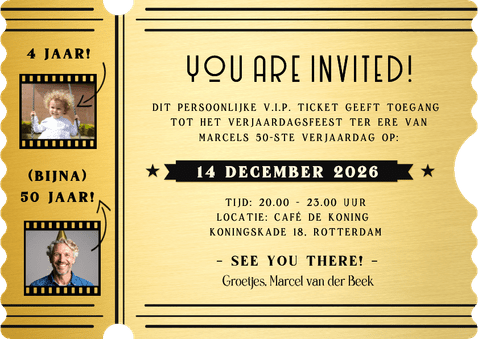 V.I.P. ticket uitnodiging verjaardag feestje in ticket vorm Achterkant