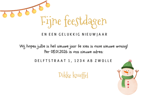 Verhuisbericht golfvorm huis kerstboom sneeuwpop ho ho home Achterkant