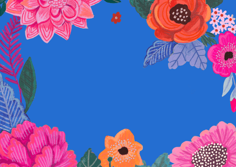 Verjaardagsfeestje vrolijke bloemen blauw Achterkant
