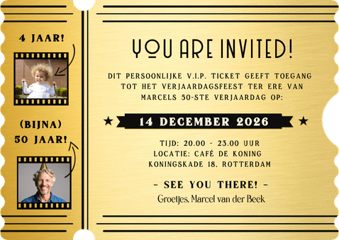 V.I.P. ticket uitnodiging verjaardag feestje in ticket vorm Achterkant